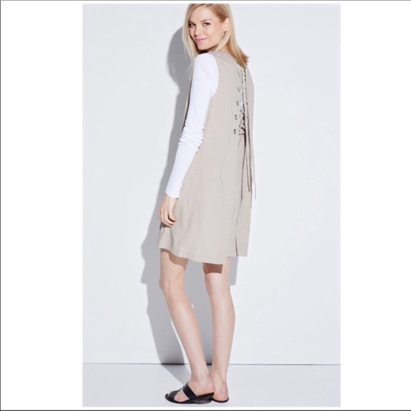 Theory Keshelle Lace-Up Back Shift Dress linen blend‎ size 8 sand color midi - Picture 3 of 10